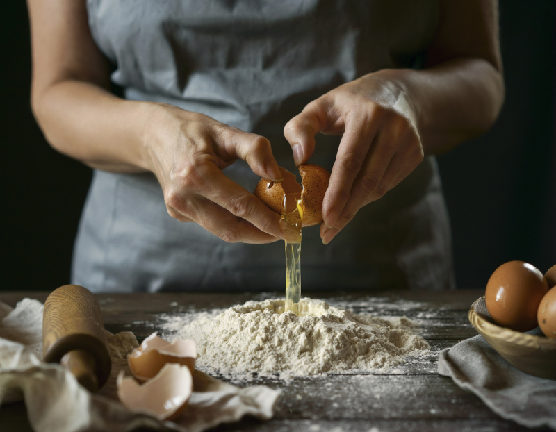 Caucasian woman cracking egg over flour